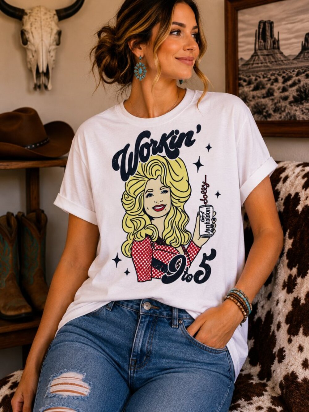 Dolly 9 to 5 Western Graphic T Shirt Trendy Boutique Style Tee Womens White Top